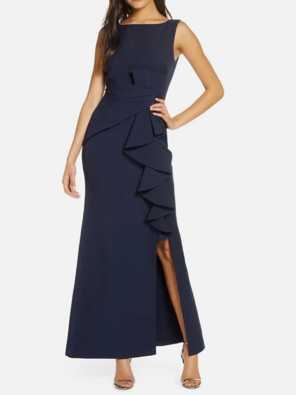 Eliza J Navy Sleeveless Ruffle Side-Slit Formal  Dress